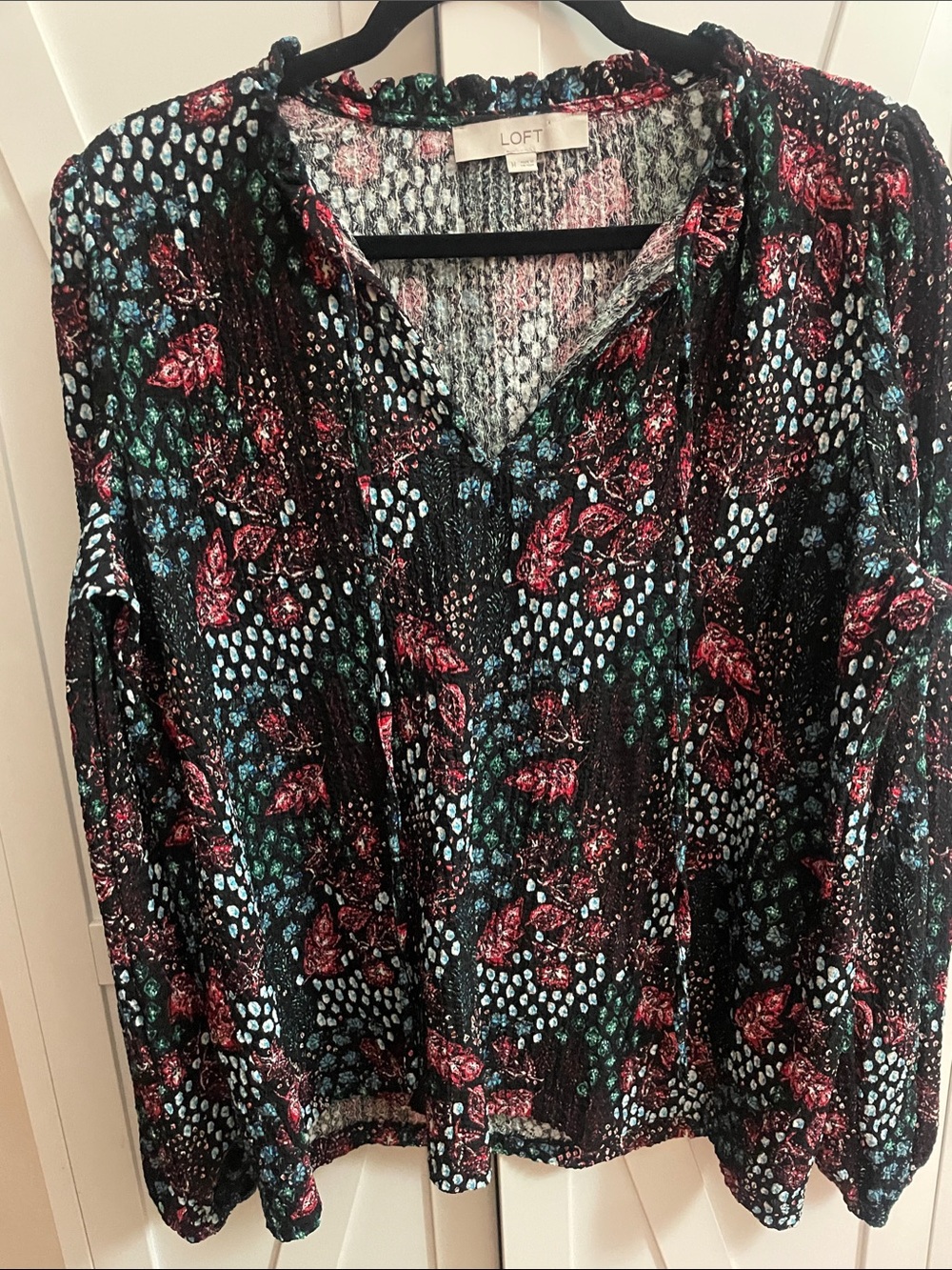 LOFT Black V-Neck Long Sleeve Blouse with Red & Teal Floral Print